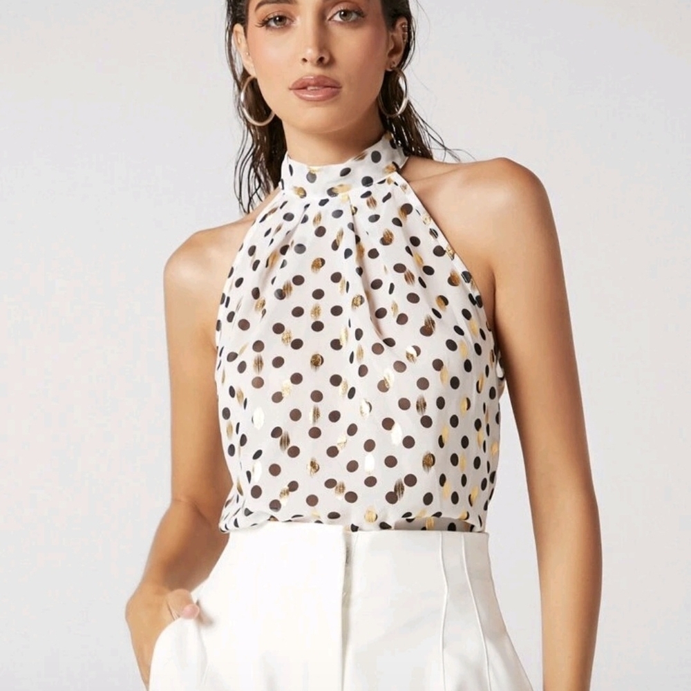 White and Black Polka Dot Halter Blouse